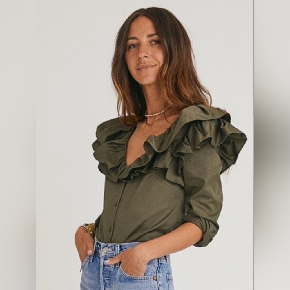 Something Navy Bailey Olive Green Ruffle Blouse